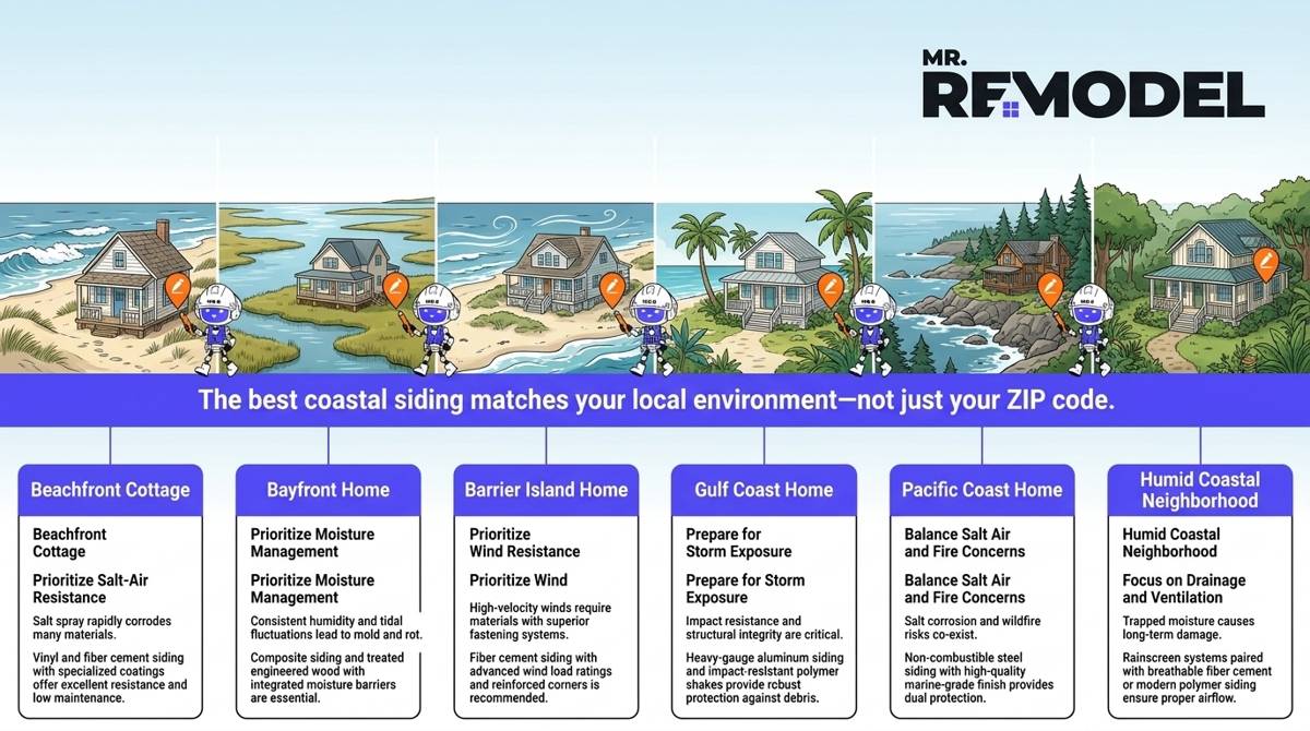 Editorial homeowner guide matching different coastal environments with siding materials commonly considered for those conditions.